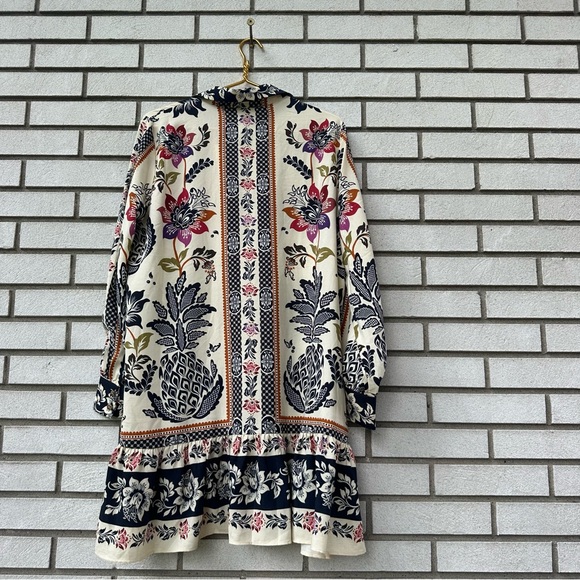Joie Floral Boho Shirt Dress Large Cream Navy Multicolor Button Front Ruffle Hem - Picture 10 of 10